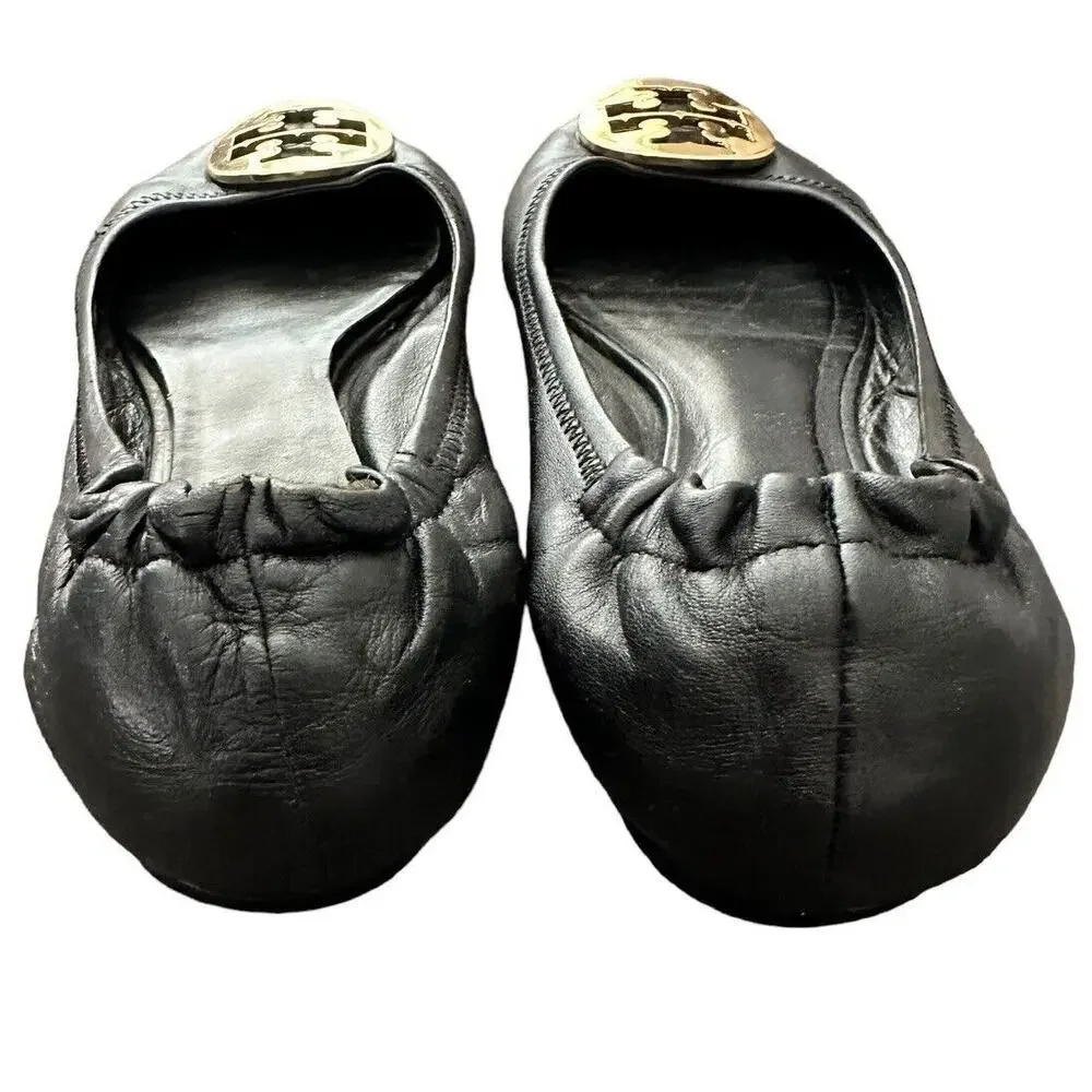 Tory Burch Reva Black Leather Gold Logo Medallion Ballet Flats Size 7 - Picture 4 of 12